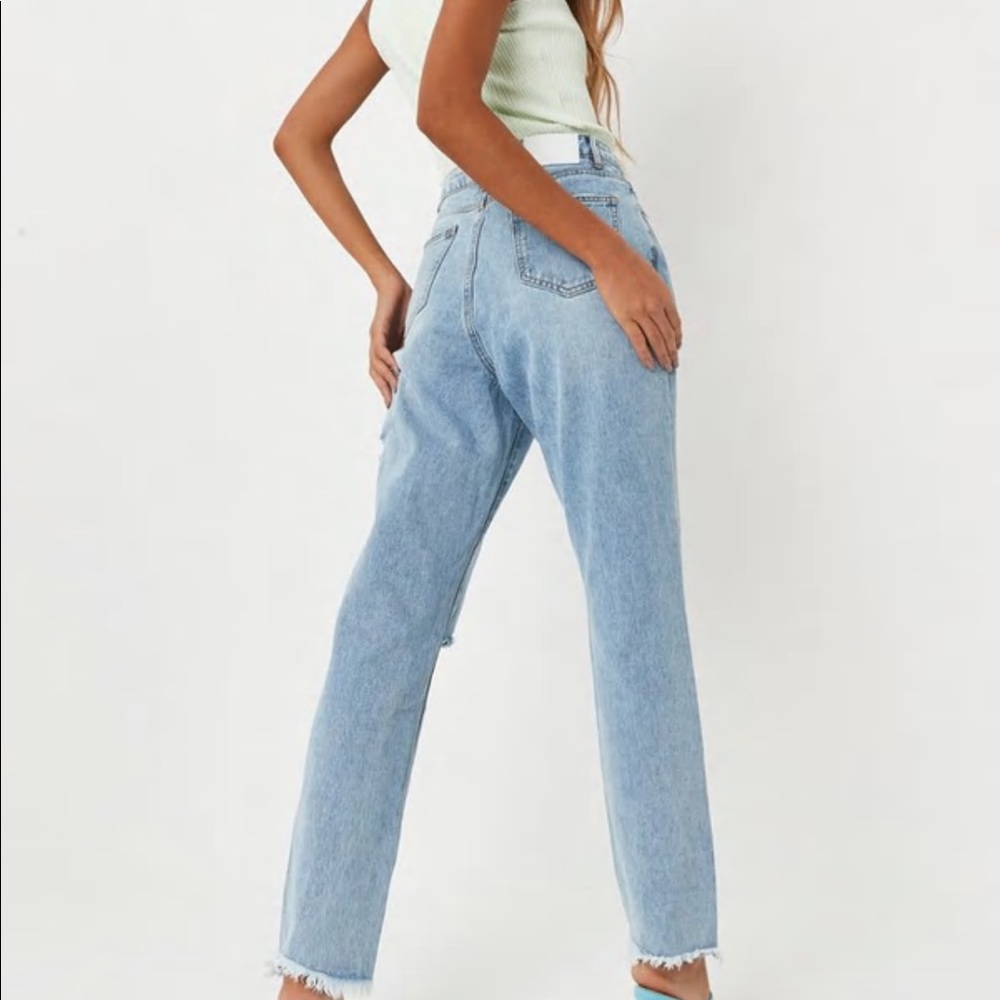 blue slim straight high waisted thigh slash jeans - Picture 4 of 7